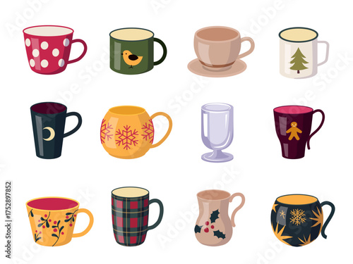Set of twelve decorative mugs and cups with winter holiday themes and cozy seasonal designs including snowflakes trees plaid and festive icons