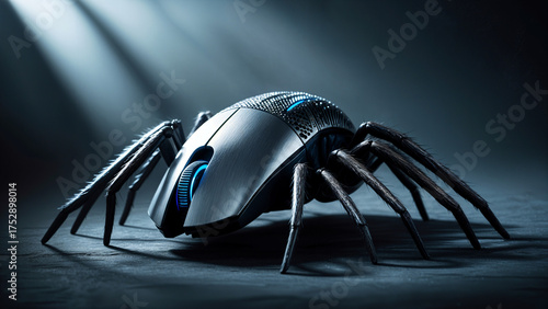 Unique silver mechanical spider computer mouse design, gaming technology, concept of Halloween in tech industry