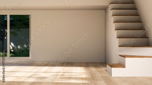 Fototapeta Naklejka Na Ścianę i Meble -  Empty room with sunlight through glass window and white wall with stairs over wooden parquet floor