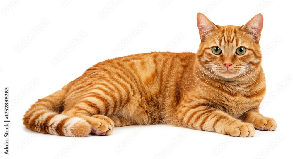Obraz premium Orange Tabby Cat Lying Down on White Background with Green Eyes and Relaxed Pose