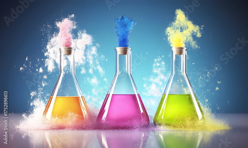 Colorful science experiment flasks with vibrant liquids and smoke