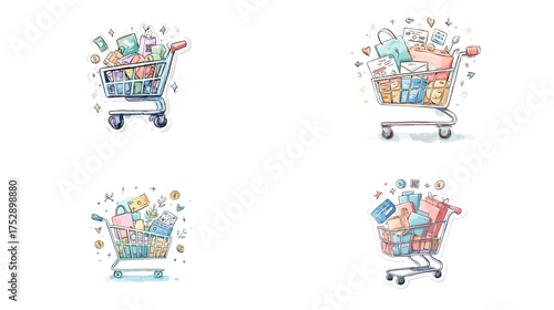 Watercolor-style illustration of shopping carts filled with groceries and consumer products. Retail and supermarket concept, ideal for e-commerce, marketing, or food delivery design.