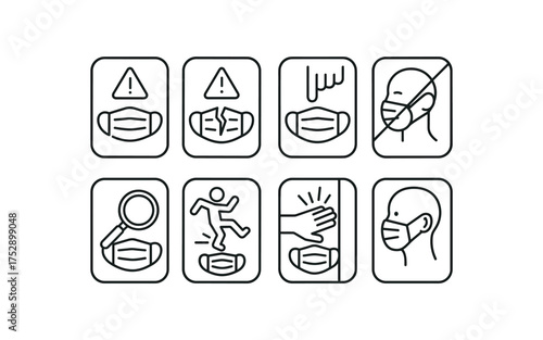 simple outline stroke icon 8 different each item inside rounded rectangle safety placard border no shadows no gradients mask frame hazard broken mask frame warning mask frame crack hazard