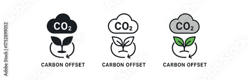 carbon offset icon on white background Black silhouette flat icon outline icon and colored icon style. 1x3 grid. three minimal vector icon style.centered composition clear white space
