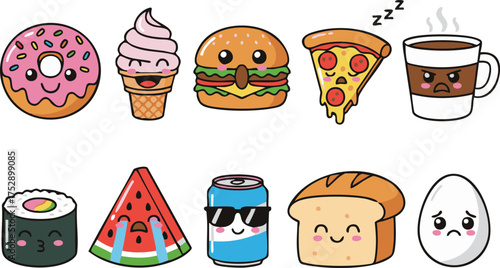 Cute cartoon food and drink characters with expressive faces. Adorable kawaii-style illustrations of snacks and beverages for playful, whimsical designs