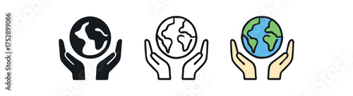 earth hands icon on white background Black silhouette flat icon outline icon and colored icon style. 1x3 grid. three minimal vector icon style.centered composition clear white space around