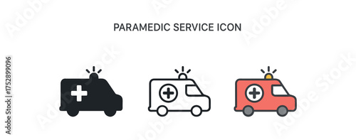 paramedic service icon on white background Black silhouette flat icon outline icon and colored icon style. 1x3 grid. three minimal vector icon style