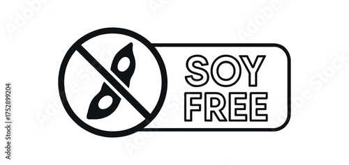 Black silhouette flat icon and outline icon style. Modern health nutrition label design. Circular black icon on the left with simple flat pictogram of soy pod crossed . From the circle