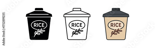rice storage container icon on white background Black silhouette flat icon outline icon and colored icon style. 1x3 grid. three minimal vector icon style