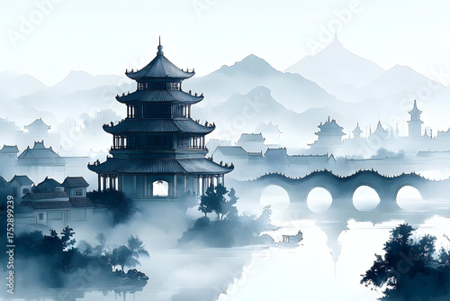 Misty Chinese Landscape with Pagoda, Bridge, and Distant Mountai
