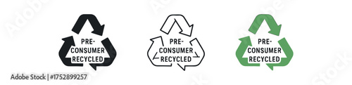 pre consumer recycled icon on white background Black silhouette flat icon outline icon and colored icon style. 1x3 grid. three minimal vector icon style.centered composition clear white