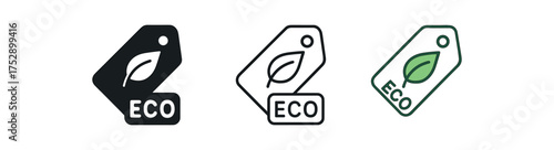 eco label icon on white background Black silhouette flat icon outline icon and colored icon style. 1x3 grid. three minimal vector icon style.centered composition clear white space around