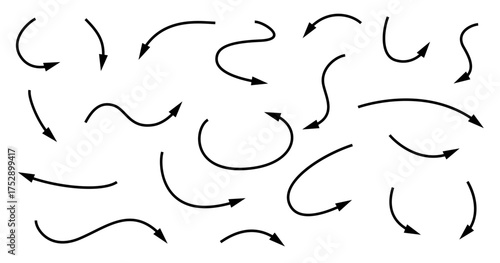 Thin line arrows set. Curvy and wavy arrow isolated