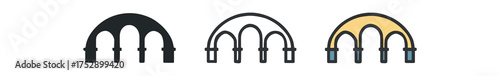 bridge icon on white background Black silhouette flat icon outline icon and colored icon style. 1x3 grid. three minimal vector icon style.centered composition clear white space around equal