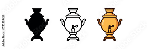 traditional samovar icon on white background Black silhouette flat icon outline icon and colored icon style. 1x3 grid. three minimal vector icon style