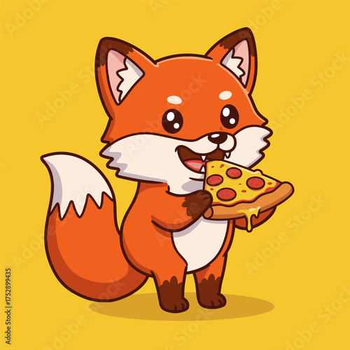 A cute, smiling cartoon fox is happily eating a large slice of pepperoni pizza.

