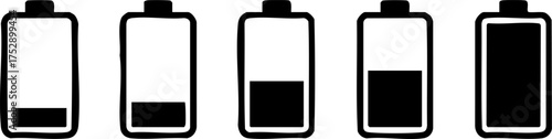 A set of five graphic icons illustrating various battery charge levels, from critically low to fully charged, perfect for user interfaces and energy status indicators