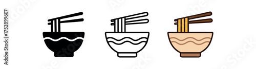 ceramic ramen bowl icon on white background Black silhouette flat icon outline icon and colored icon style. 1x3 grid. three minimal vector icon style.centered composition clear white space