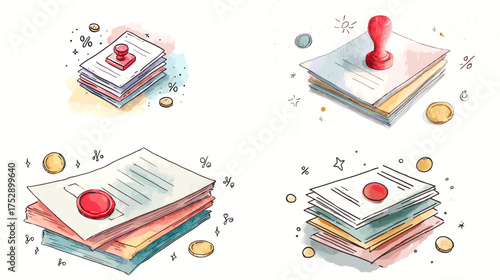 Watercolor-style vector illustration of certified documents with official stamps and seals. Business approval and legal paperwork concept, perfect for office, finance, or contract designs.
