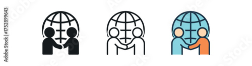 global friendship icon on white background Black silhouette flat icon outline icon and colored icon style. 1x3 grid. three minimal vector icon style.centered composition clear white space