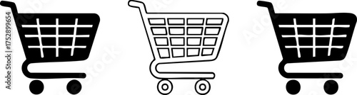 Set of three shopping cart icons in different styles, including solid fill, outline, and detailed line art for e-commerce and retail websites