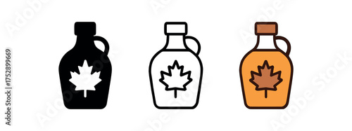 maple syrup bottle icon on white background Black silhouette flat icon outline icon and colored icon style. 1x3 grid. three minimal vector icon style