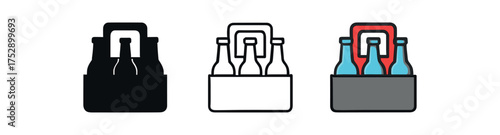 bottle carrier icon on white background Black silhouette flat icon outline icon and colored icon style. 1x3 grid. three minimal vector icon style.centered composition clear white space