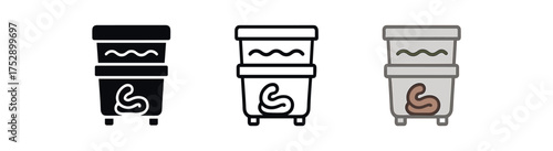 worm bin icon on white background Black silhouette flat icon outline icon and colored icon style. 1x3 grid. three minimal vector icon style.centered composition clear white space around