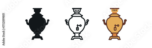 russian samovar icon on white background Black silhouette flat icon outline icon and colored icon style. 1x3 grid. three minimal vector icon style.centered composition clear white space