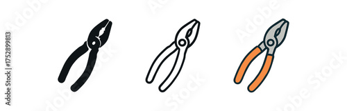 pliers icon on white background Black silhouette flat icon outline icon and colored icon style. 1x3 grid. three minimal vector icon style.centered composition clear white space around equal
