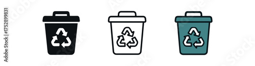 recycling bin icon on white background Black silhouette flat icon outline icon and colored icon style. 1x3 grid. three minimal vector icon style.centered composition clear white space