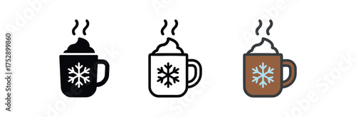 winter hot chocolate icon on white background Black silhouette flat icon outline icon and colored icon style. 1x3 grid. three minimal vector icon style
