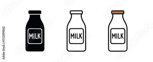 vintage milk bottle icon on white background Black silhouette flat icon outline icon and colored icon style. 1x3 grid. three minimal vector icon style.centered composition clear white space
