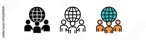 teamwork globe icon on white background Black silhouette flat icon outline icon and colored icon style. 1x3 grid. three minimal vector icon style.centered composition clear white space