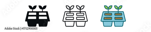 seed tray icon on white background Black silhouette flat icon outline icon and colored icon style. 1x3 grid. three minimal vector icon style.centered composition clear white space around