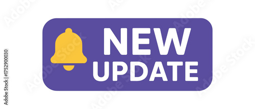 Flat vector tag 'NEW UPDATE' purple with bell icon.Bold uppercase rounded corners white background