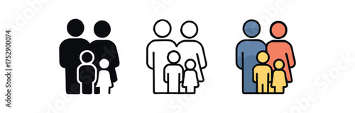 family silhouette icon on white background Black silhouette flat icon outline icon and colored icon style. 1x3 grid. three minimal vector icon style.centered composition clear white space