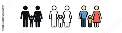 parents with child icon on white background Black silhouette flat icon outline icon and colored icon style. 1x3 grid. three minimal vector icon style