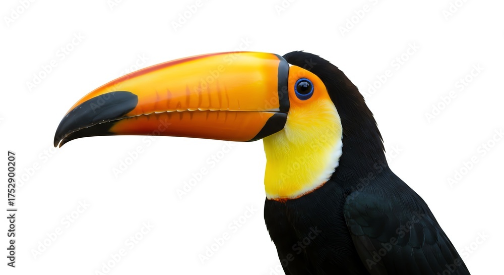 Fototapeta premium Colorful Toucan Bird with Large Orange Beak in Profile View on White Background