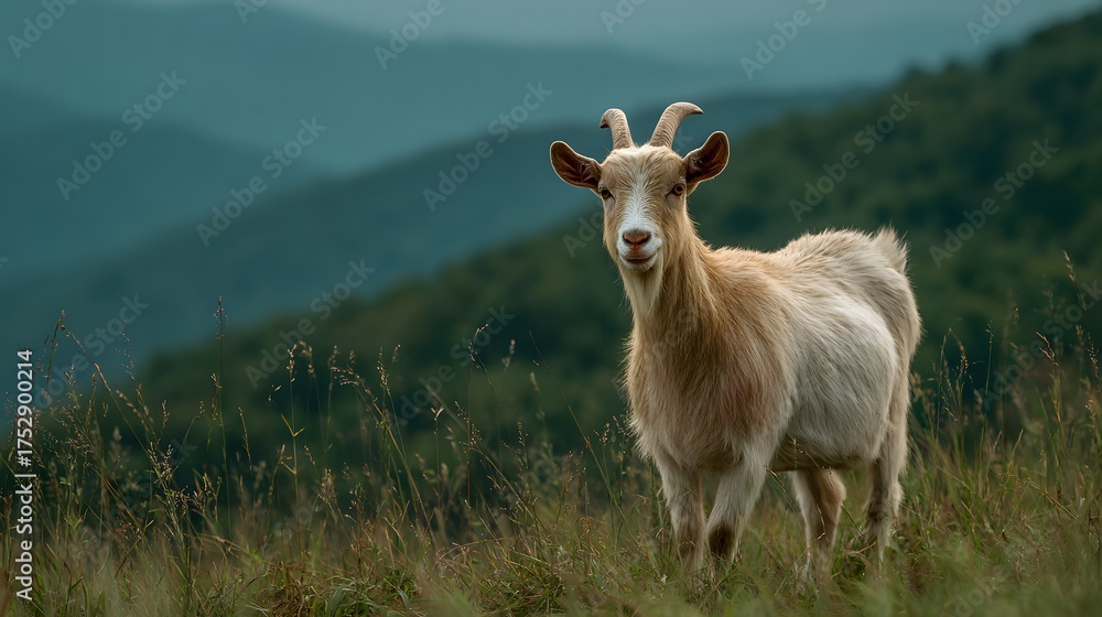 Fototapeta premium Goat stands on a grassy hillside with rolling hills in the background.