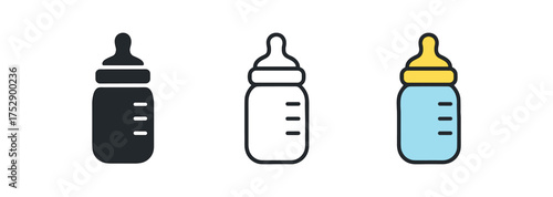 baby bottle icon on white background Black silhouette flat icon outline icon and colored icon style. 1x3 grid. three minimal vector icon style.centered composition clear white space around