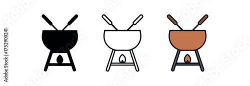 fondue pot icon on white background Black silhouette flat icon outline icon and colored icon style. 1x3 grid. three minimal vector icon style
