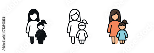 mother and daughter icon on white background Black silhouette flat icon outline icon and colored icon style. 1x3 grid. three minimal vector icon style.centered composition clear white space