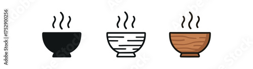 wooden soup bowl icon on white background Black silhouette flat icon outline icon and colored icon style. 1x3 grid. three minimal vector icon style