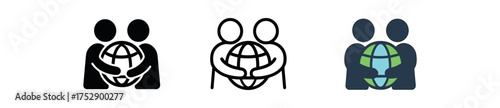 people hugging globe icon on white background Black silhouette flat icon outline icon and colored icon style. 1x3 grid. three minimal vector icon style.centered composition clear white