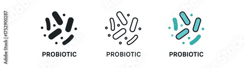 probiotic icon on white background Black silhouette flat icon outline icon and colored icon style. 1x3 grid. three minimal vector icon style.centered composition clear white space around