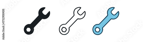 wrench icon on white background Black silhouette flat icon outline icon and colored icon style. 1x3 grid. three minimal vector icon style.centered composition clear white space around equal