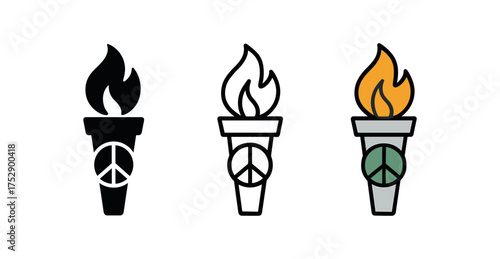 peace torch icon on white background Black silhouette flat icon outline icon and colored icon style. 1x3 grid. three minimal vector icon style