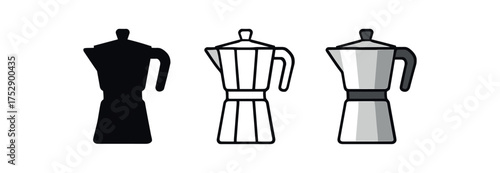 espresso stovetop maker icon on white background Black silhouette flat icon outline icon and colored icon style. 1x3 grid. three minimal vector icon style