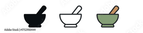 mortar and pestle icon on white background Black silhouette flat icon outline icon and colored icon style. 1x3 grid. three minimal vector icon style.centered composition clear white space